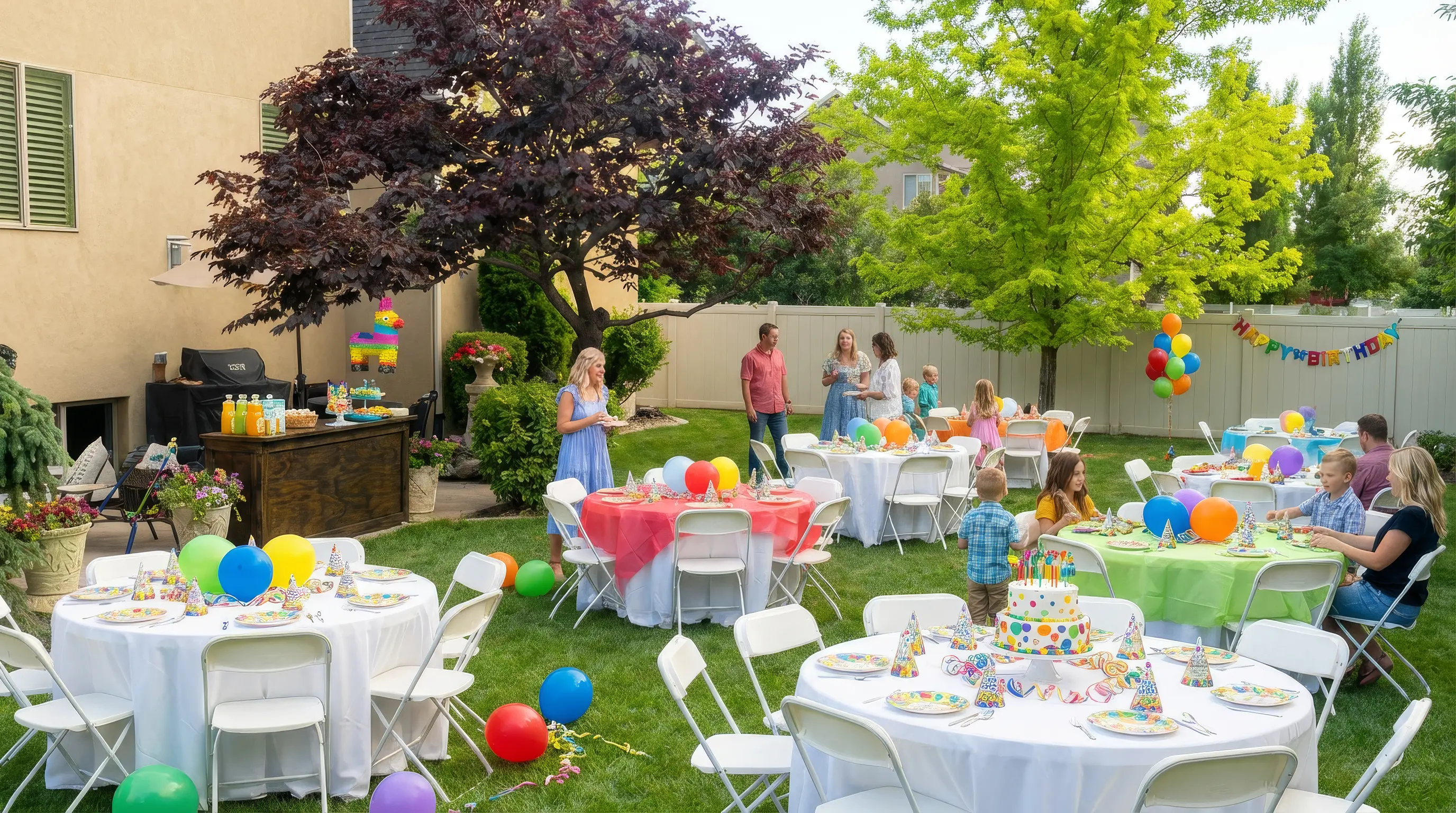 Colorful outdoor birthday party setup.
